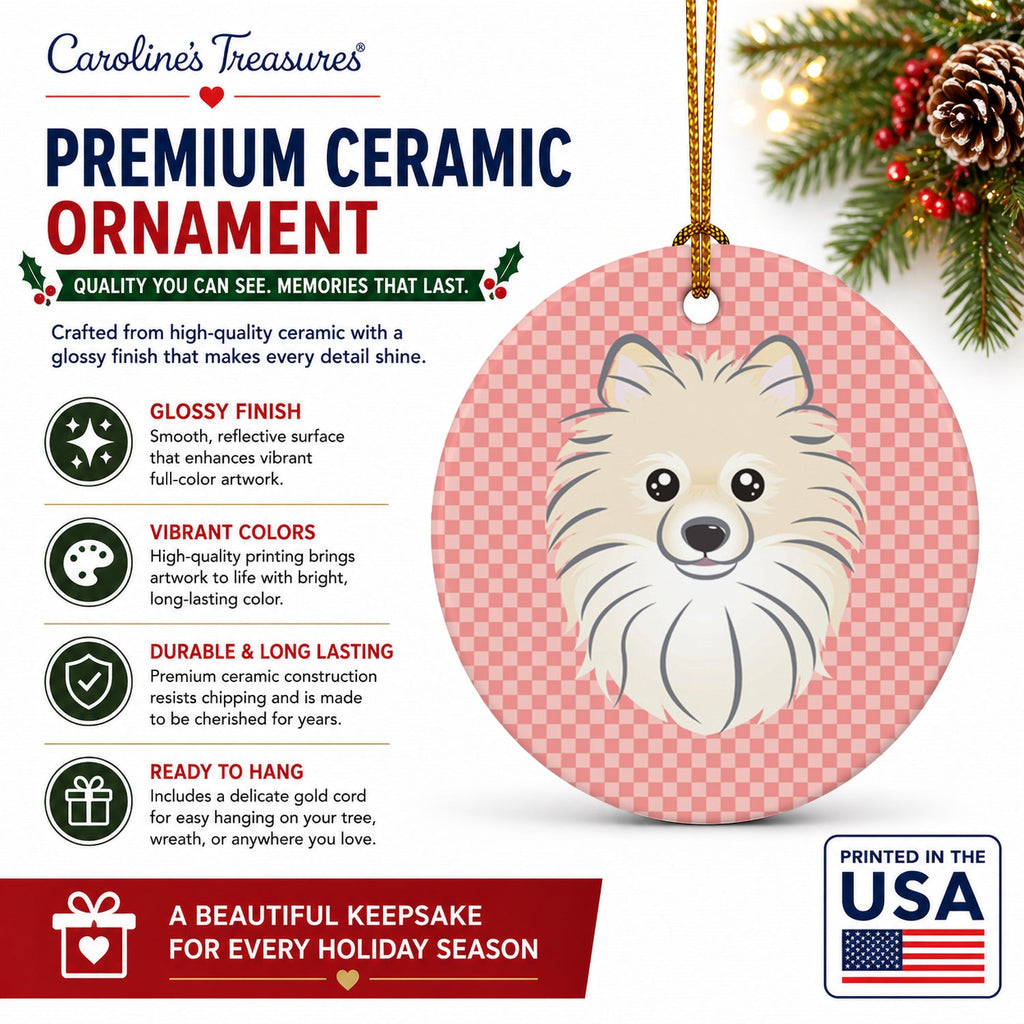 Checkerboard Pink Pomeranian Ceramic Ornament Christmas Tree Hanging Decorations for Home Christmas Holiday, Party, Gift, 3 in, Multicolor