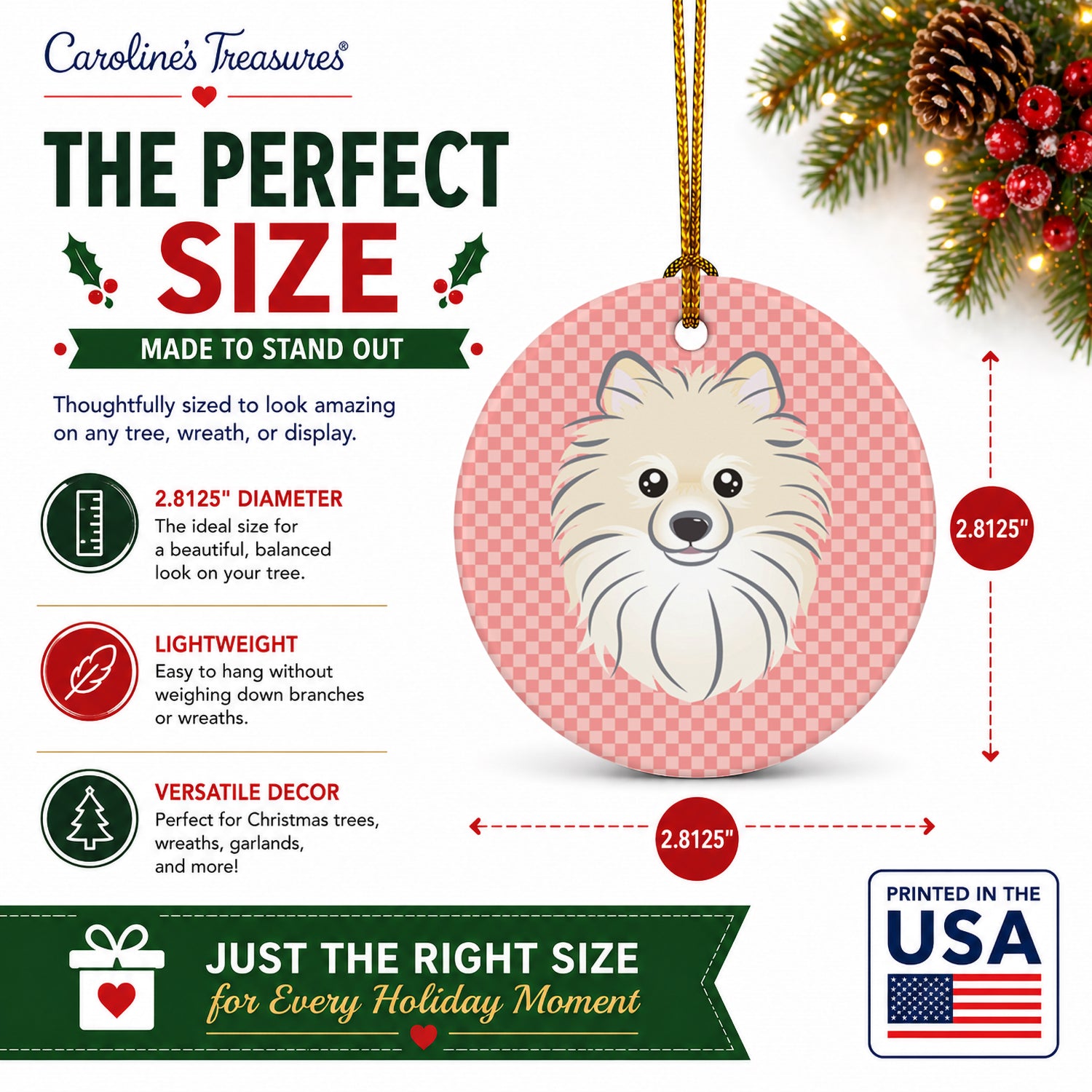Checkerboard Pink Pomeranian Ceramic Ornament Christmas Tree Hanging Decorations for Home Christmas Holiday, Party, Gift, 3 in, Multicolor