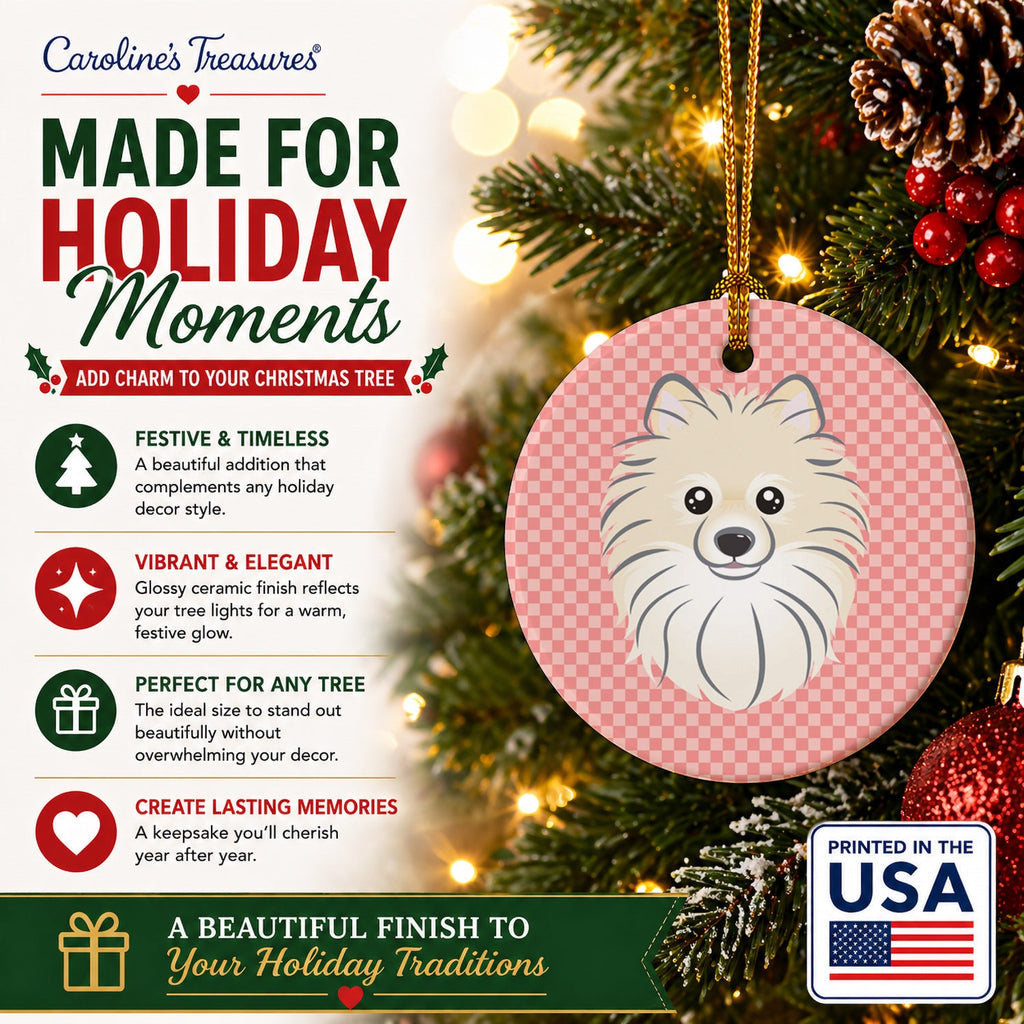 Checkerboard Pink Pomeranian Ceramic Ornament Christmas Tree Hanging Decorations for Home Christmas Holiday, Party, Gift, 3 in, Multicolor