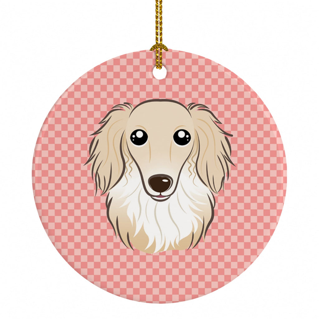 Checkerboard Pink Longhair Creme Dachshund Ceramic Ornament Christmas Tree Hanging Decorations for Home Christmas Holiday, Party, Gift, 3 in, Multicolor