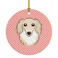 Checkerboard Pink Longhair Creme Dachshund Ceramic Ornament Christmas Tree Hanging Decorations for Home Christmas Holiday, Party, Gift, 3 in, Multicolor