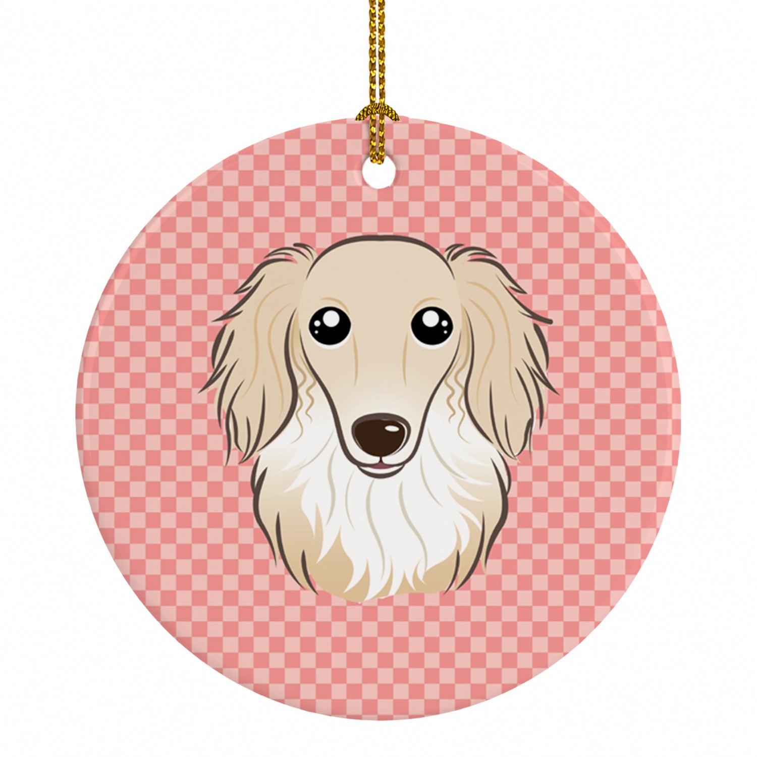 Checkerboard Pink Longhair Creme Dachshund Ceramic Ornament Christmas Tree Hanging Decorations for Home Christmas Holiday, Party, Gift, 3 in, Multicolor