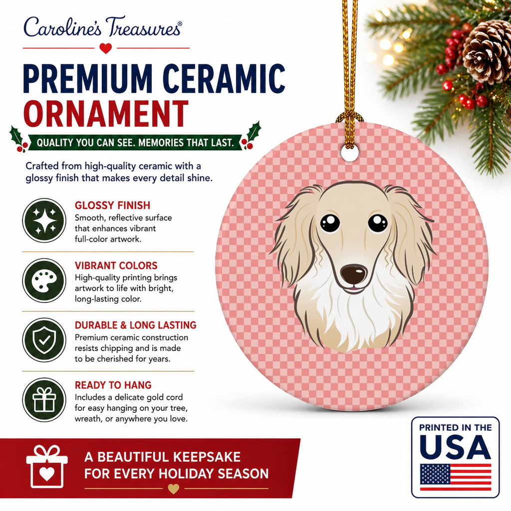 Checkerboard Pink Longhair Creme Dachshund Ceramic Ornament Christmas Tree Hanging Decorations for Home Christmas Holiday, Party, Gift, 3 in, Multicolor