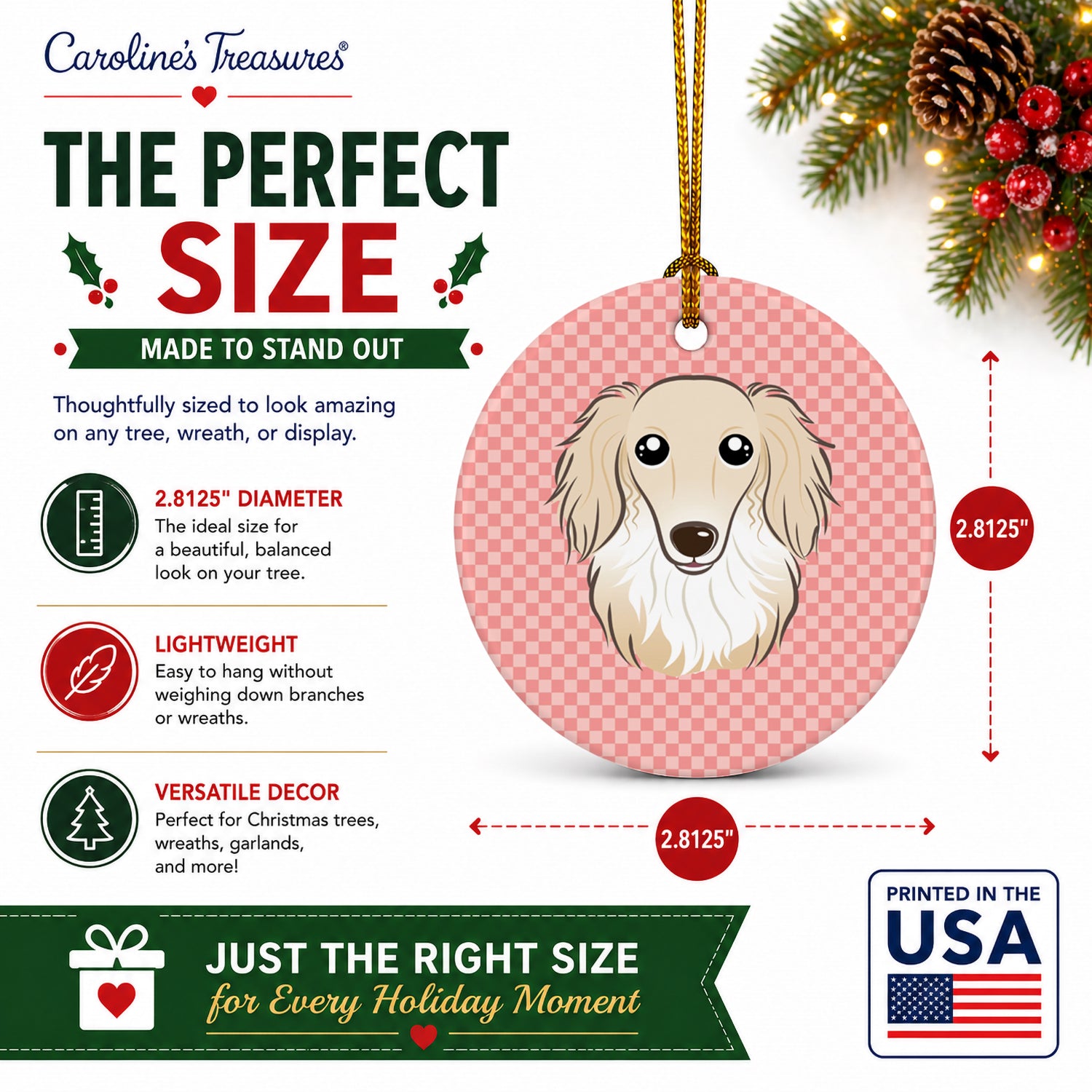 Checkerboard Pink Longhair Creme Dachshund Ceramic Ornament Christmas Tree Hanging Decorations for Home Christmas Holiday, Party, Gift, 3 in, Multicolor