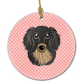 Checkerboard Pink Longhair Black and Tan Dachshund Ceramic Ornament Christmas Tree Hanging Decorations for Home Christmas Holiday, Party, Gift, 3 in, Multicolor