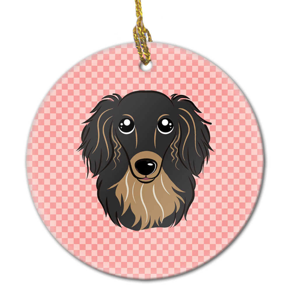 Checkerboard Pink Longhair Black and Tan Dachshund Ceramic Ornament Christmas Tree Hanging Decorations for Home Christmas Holiday, Party, Gift, 3 in, Multicolor