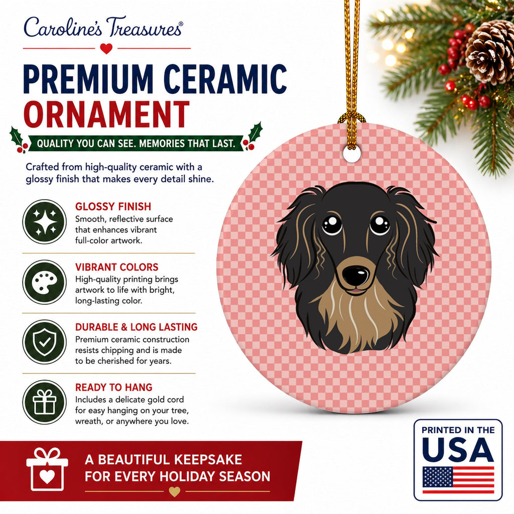 Checkerboard Pink Longhair Black and Tan Dachshund Ceramic Ornament Christmas Tree Hanging Decorations for Home Christmas Holiday, Party, Gift, 3 in, Multicolor