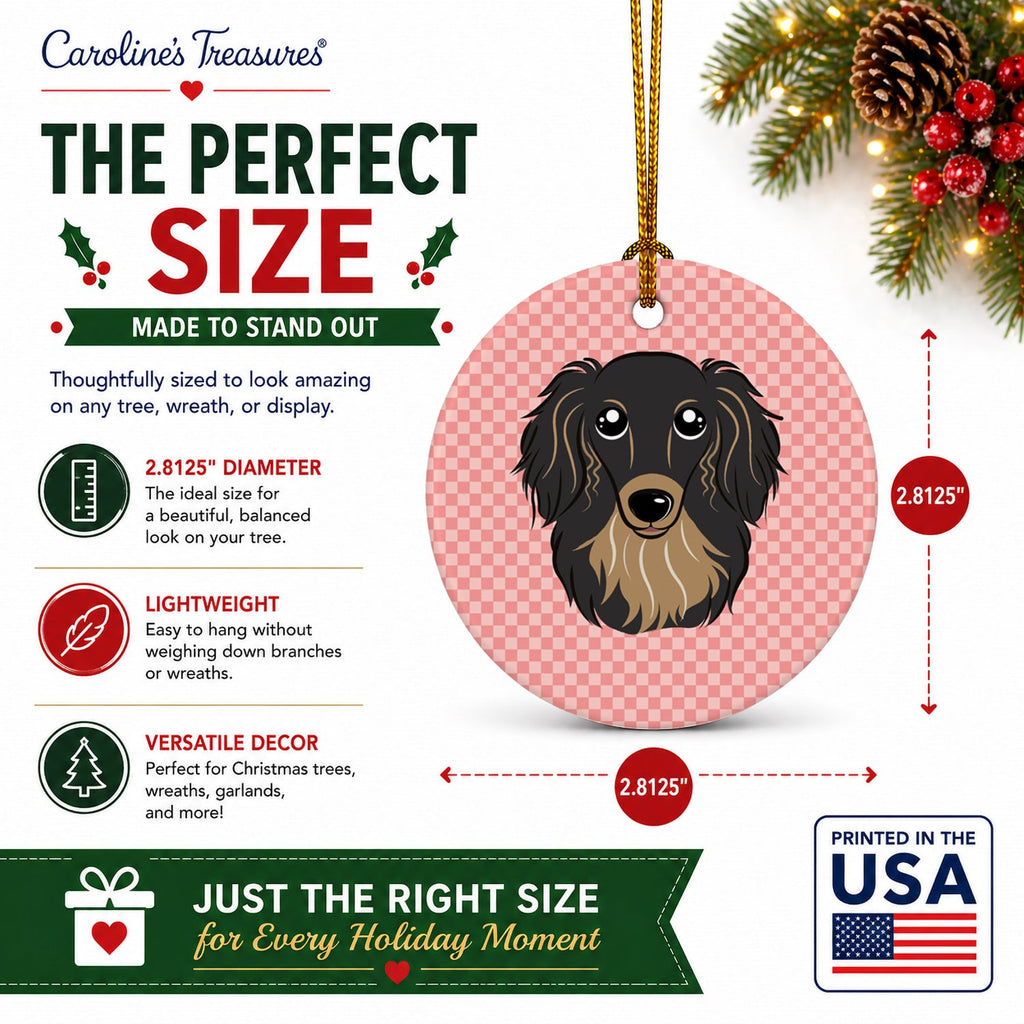 Checkerboard Pink Longhair Black and Tan Dachshund Ceramic Ornament Christmas Tree Hanging Decorations for Home Christmas Holiday, Party, Gift, 3 in, Multicolor