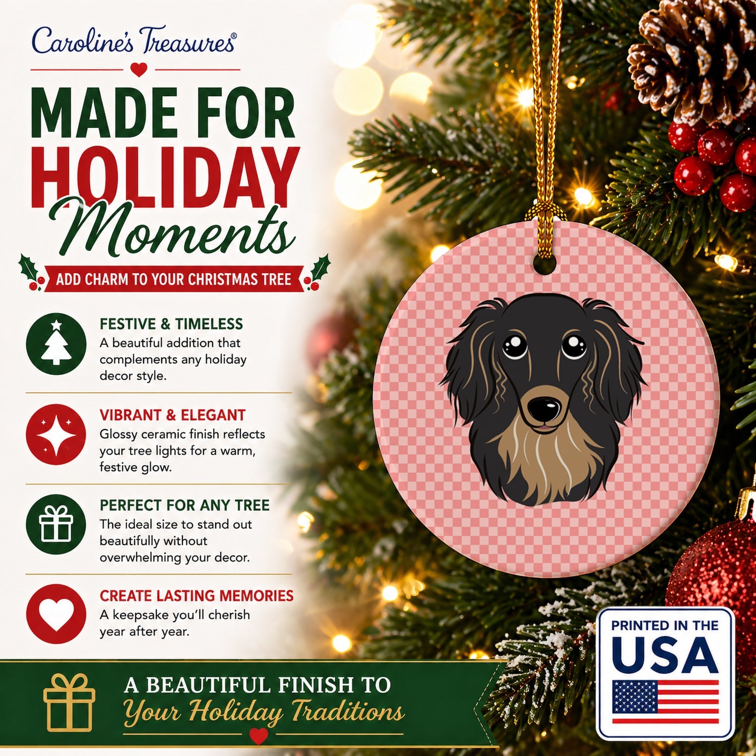 Checkerboard Pink Longhair Black and Tan Dachshund Ceramic Ornament Christmas Tree Hanging Decorations for Home Christmas Holiday, Party, Gift, 3 in, Multicolor
