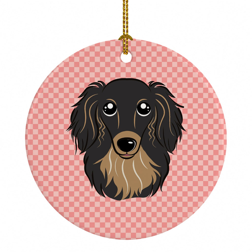 Checkerboard Pink Longhair Black and Tan Dachshund Ceramic Ornament Christmas Tree Hanging Decorations for Home Christmas Holiday, Party, Gift, 3 in, Multicolor