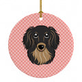 Checkerboard Pink Longhair Black and Tan Dachshund Ceramic Ornament Christmas Tree Hanging Decorations for Home Christmas Holiday, Party, Gift, 3 in, Multicolor