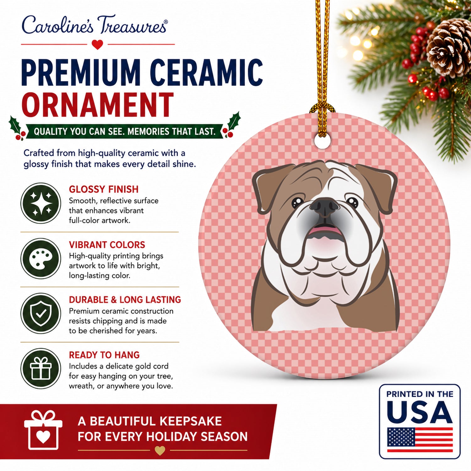 Checkerboard Pink English Bulldog  Ceramic Ornament Christmas Tree Hanging Decorations for Home Christmas Holiday, Party, Gift, 3 in, Multicolor