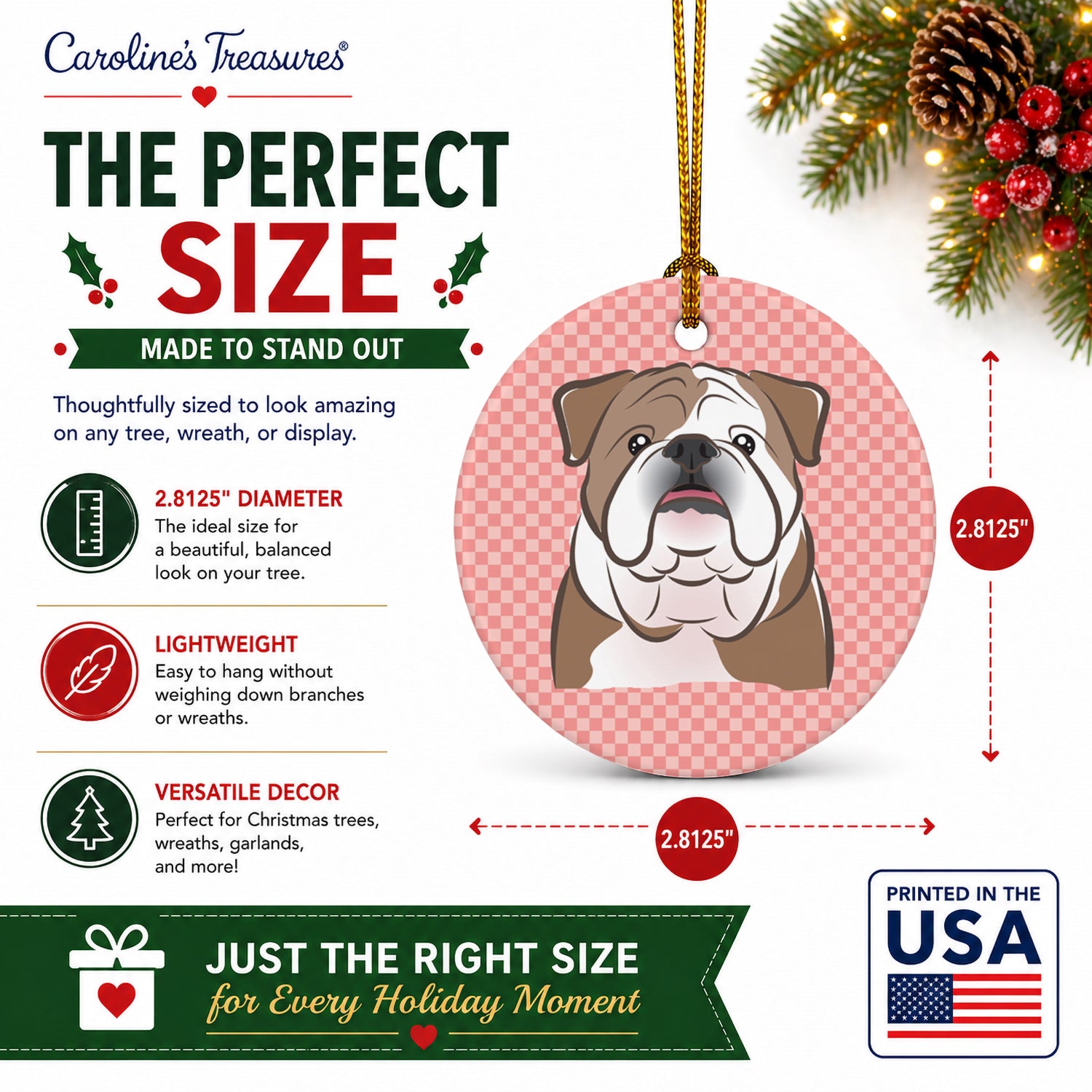 Checkerboard Pink English Bulldog  Ceramic Ornament Christmas Tree Hanging Decorations for Home Christmas Holiday, Party, Gift, 3 in, Multicolor