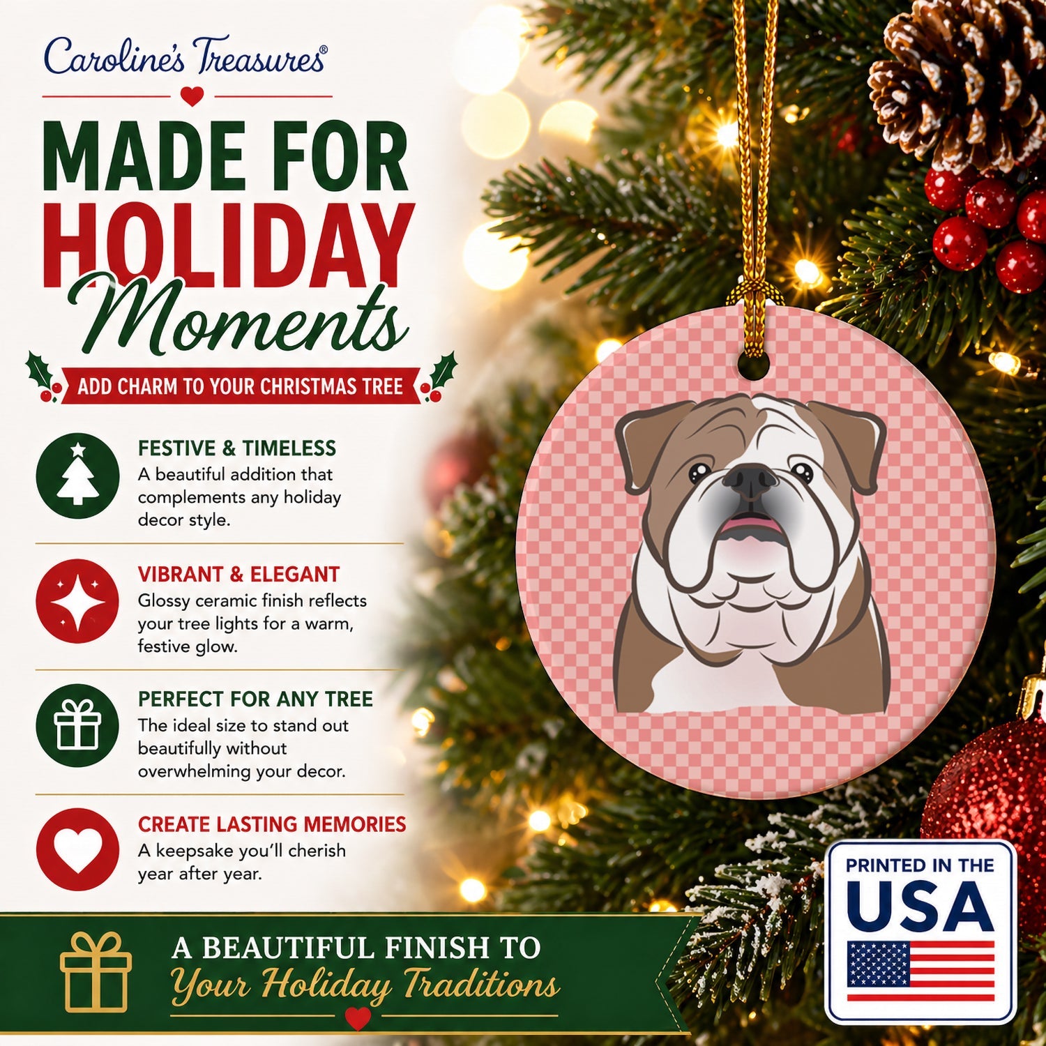 Checkerboard Pink English Bulldog  Ceramic Ornament Christmas Tree Hanging Decorations for Home Christmas Holiday, Party, Gift, 3 in, Multicolor