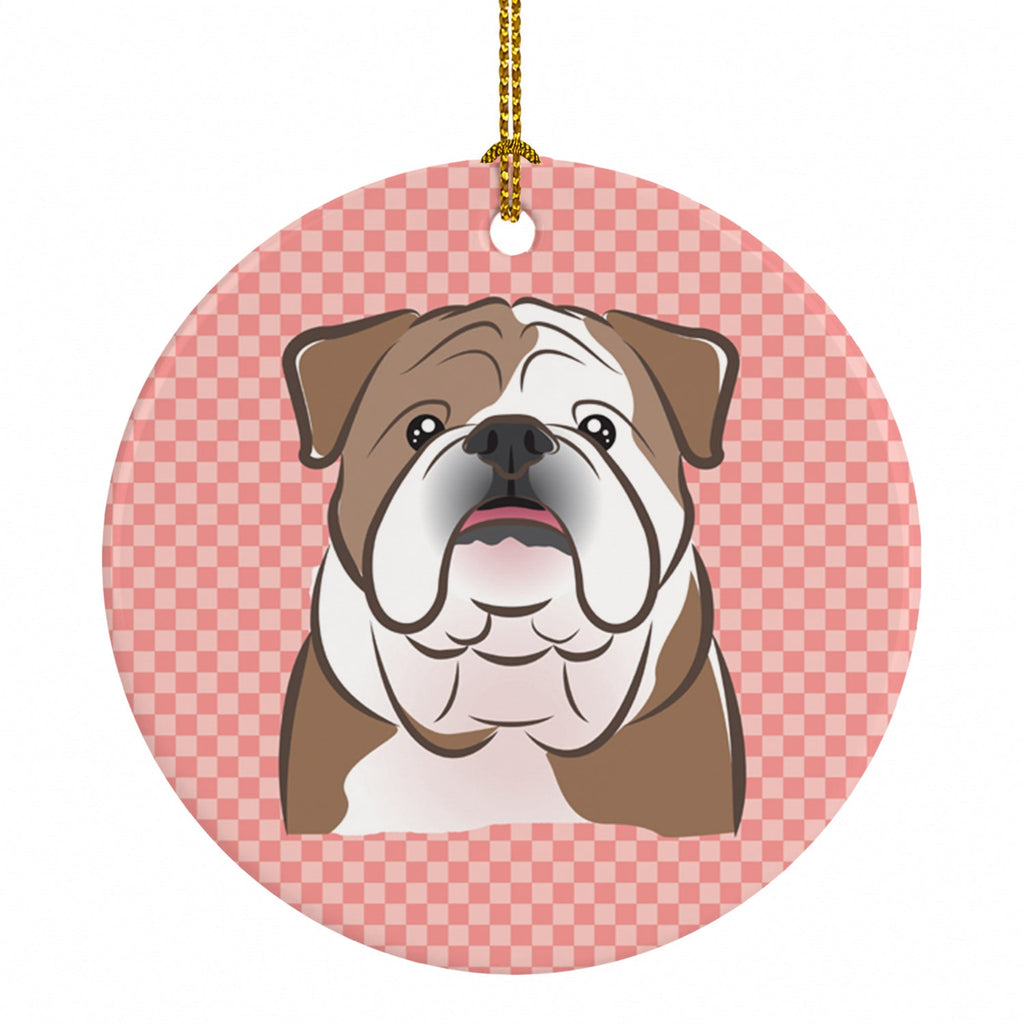 Checkerboard Pink English Bulldog  Ceramic Ornament Christmas Tree Hanging Decorations for Home Christmas Holiday, Party, Gift, 3 in, Multicolor