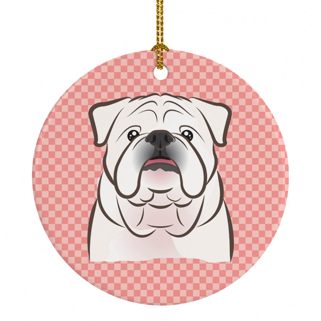 Checkerboard Pink White English Bulldog  Ceramic Ornament Christmas Tree Hanging Decorations for Home Christmas Holiday, Party, Gift, 3 in, Multicolor
