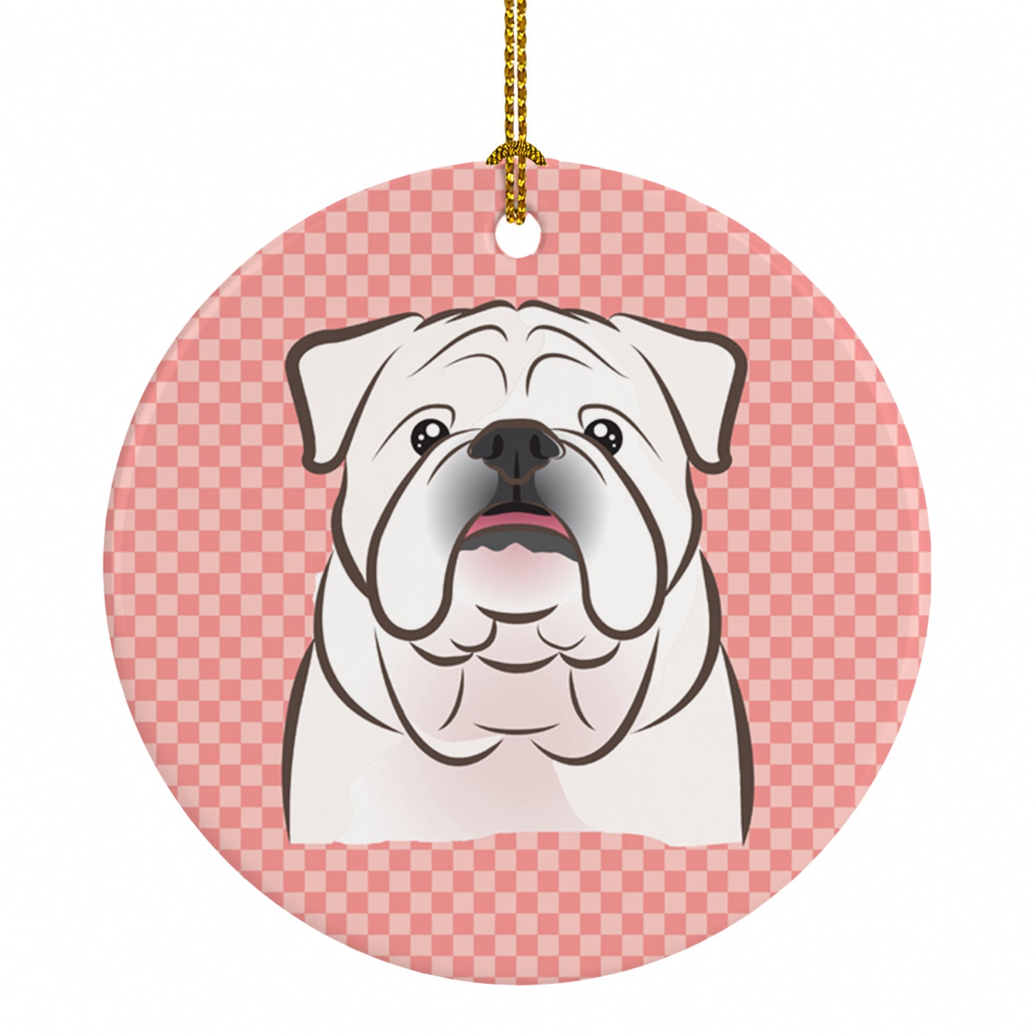 Checkerboard Pink White English Bulldog  Ceramic Ornament Christmas Tree Hanging Decorations for Home Christmas Holiday, Party, Gift, 3 in, Multicolor