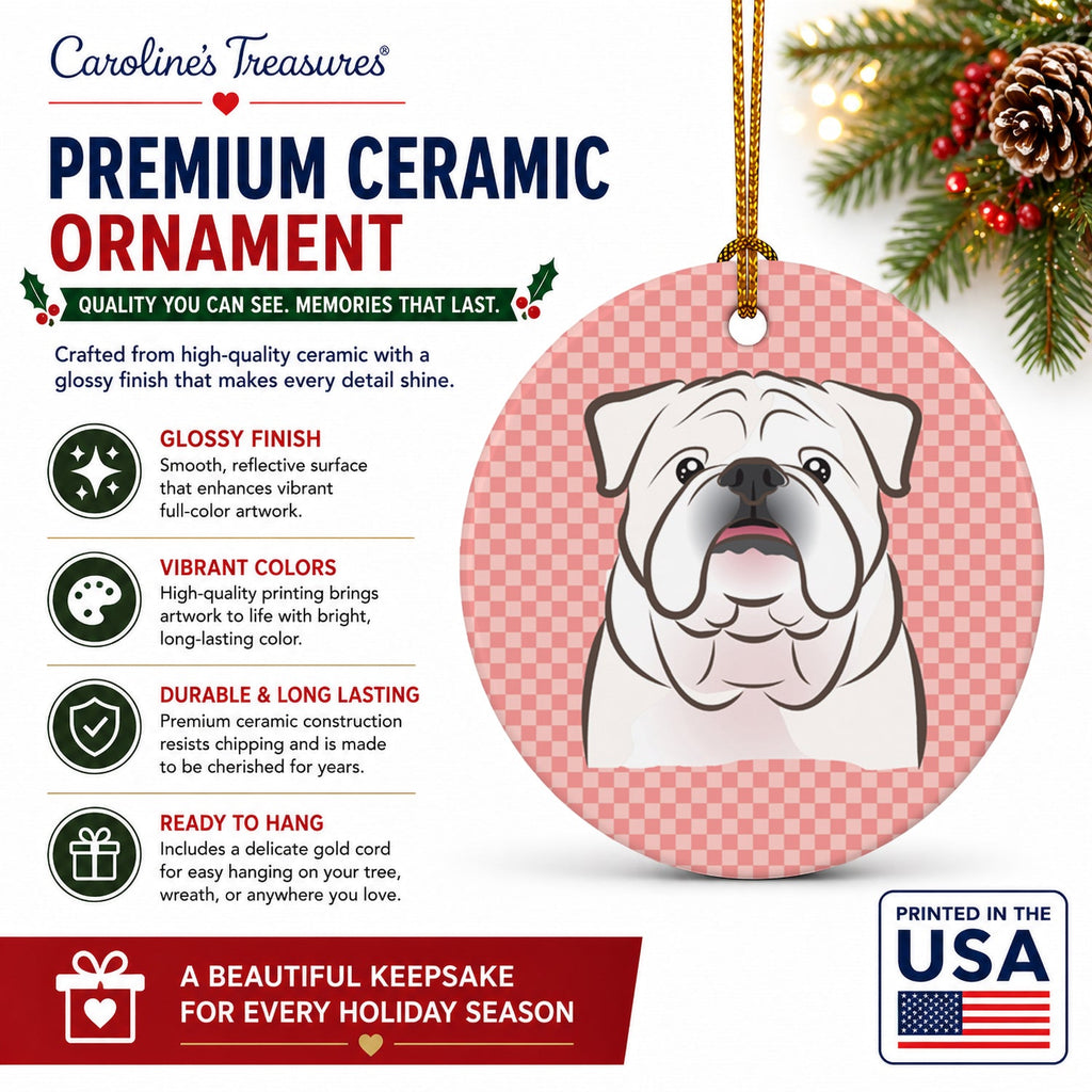 Checkerboard Pink White English Bulldog  Ceramic Ornament Christmas Tree Hanging Decorations for Home Christmas Holiday, Party, Gift, 3 in, Multicolor