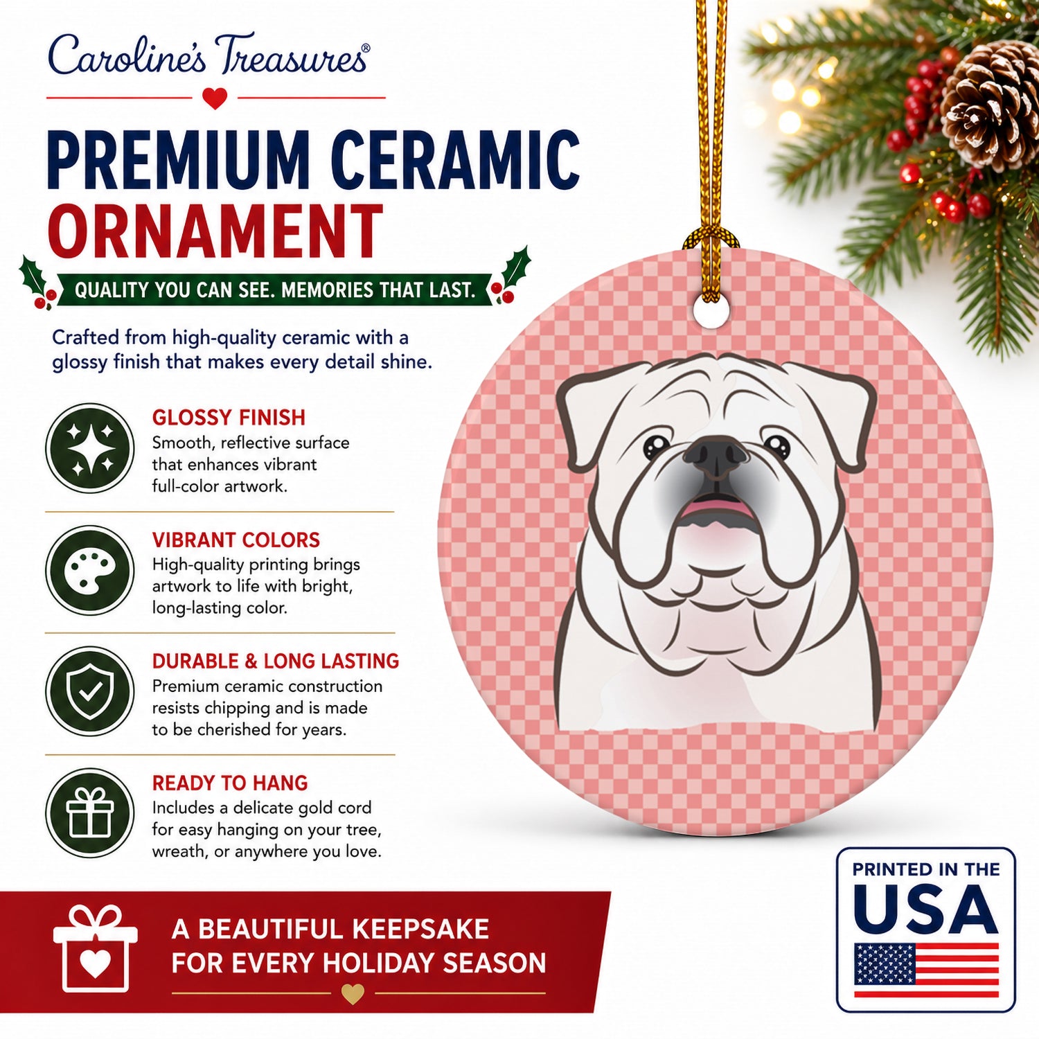 Checkerboard Pink White English Bulldog  Ceramic Ornament Christmas Tree Hanging Decorations for Home Christmas Holiday, Party, Gift, 3 in, Multicolor