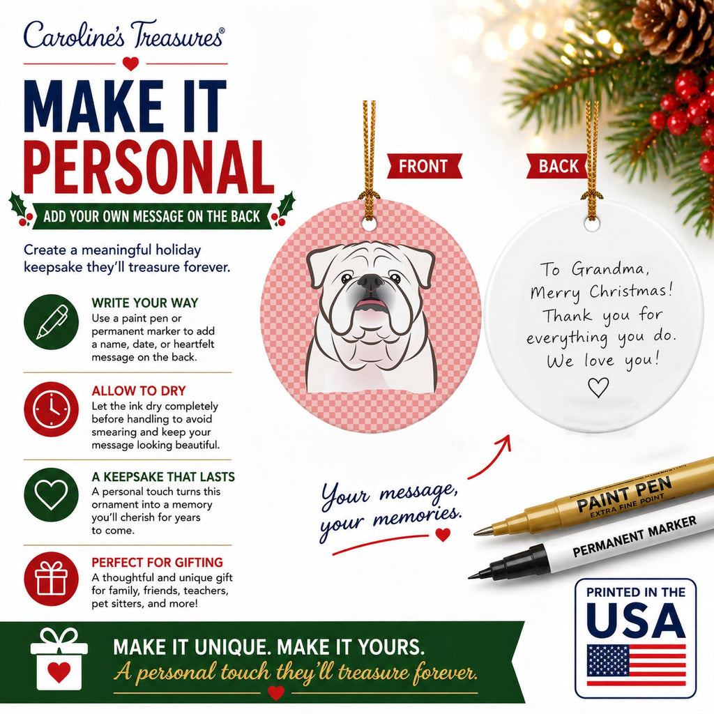 Checkerboard Pink White English Bulldog  Ceramic Ornament Christmas Tree Hanging Decorations for Home Christmas Holiday, Party, Gift, 3 in, Multicolor
