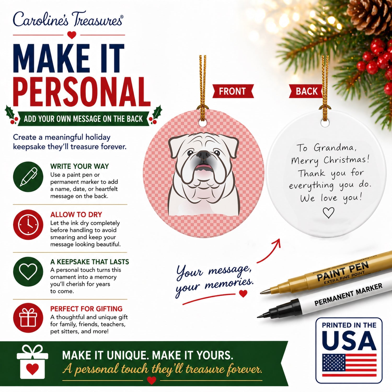 Checkerboard Pink White English Bulldog  Ceramic Ornament Christmas Tree Hanging Decorations for Home Christmas Holiday, Party, Gift, 3 in, Multicolor