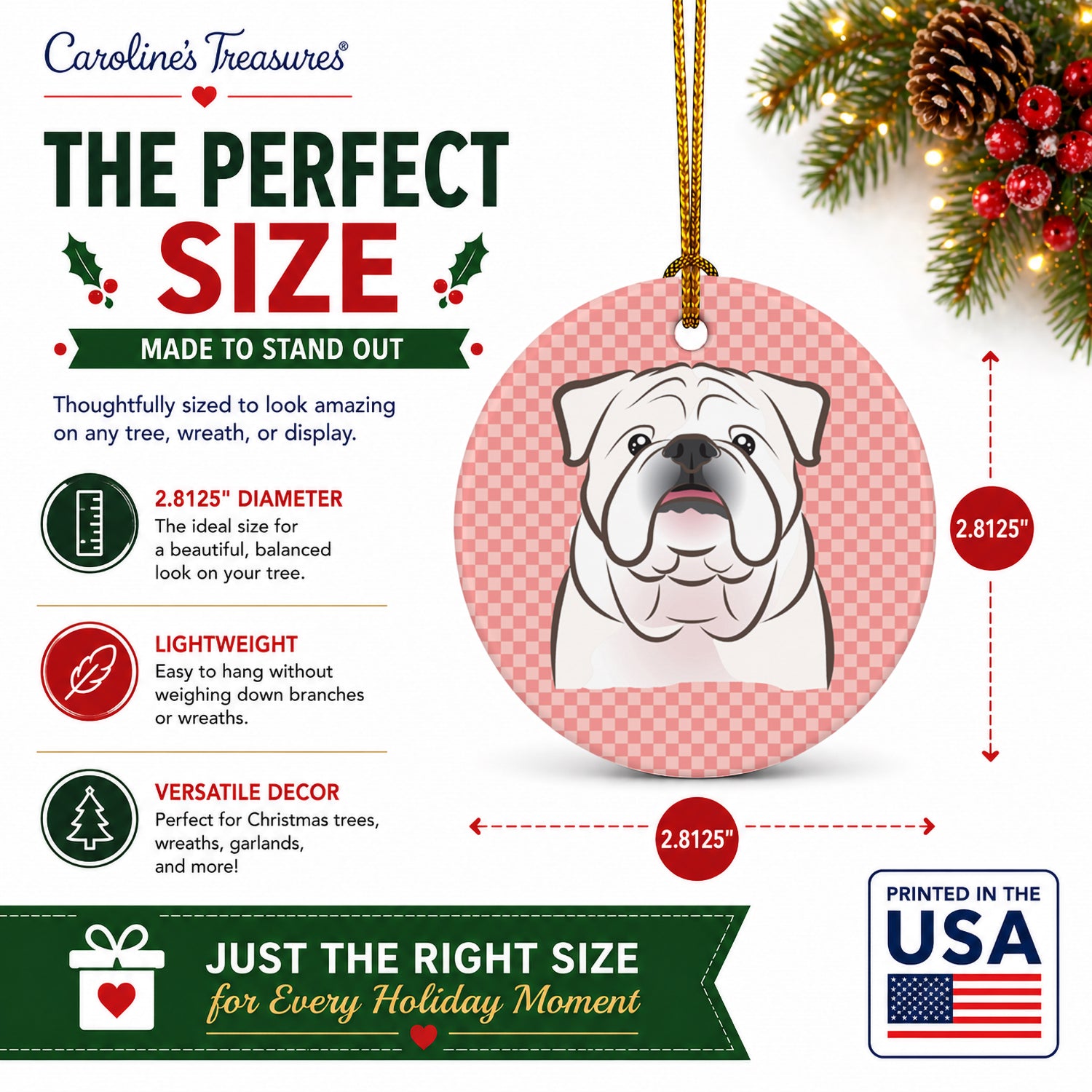 Checkerboard Pink White English Bulldog  Ceramic Ornament Christmas Tree Hanging Decorations for Home Christmas Holiday, Party, Gift, 3 in, Multicolor