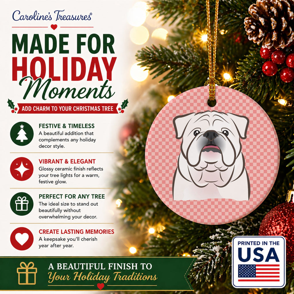 Checkerboard Pink White English Bulldog  Ceramic Ornament Christmas Tree Hanging Decorations for Home Christmas Holiday, Party, Gift, 3 in, Multicolor