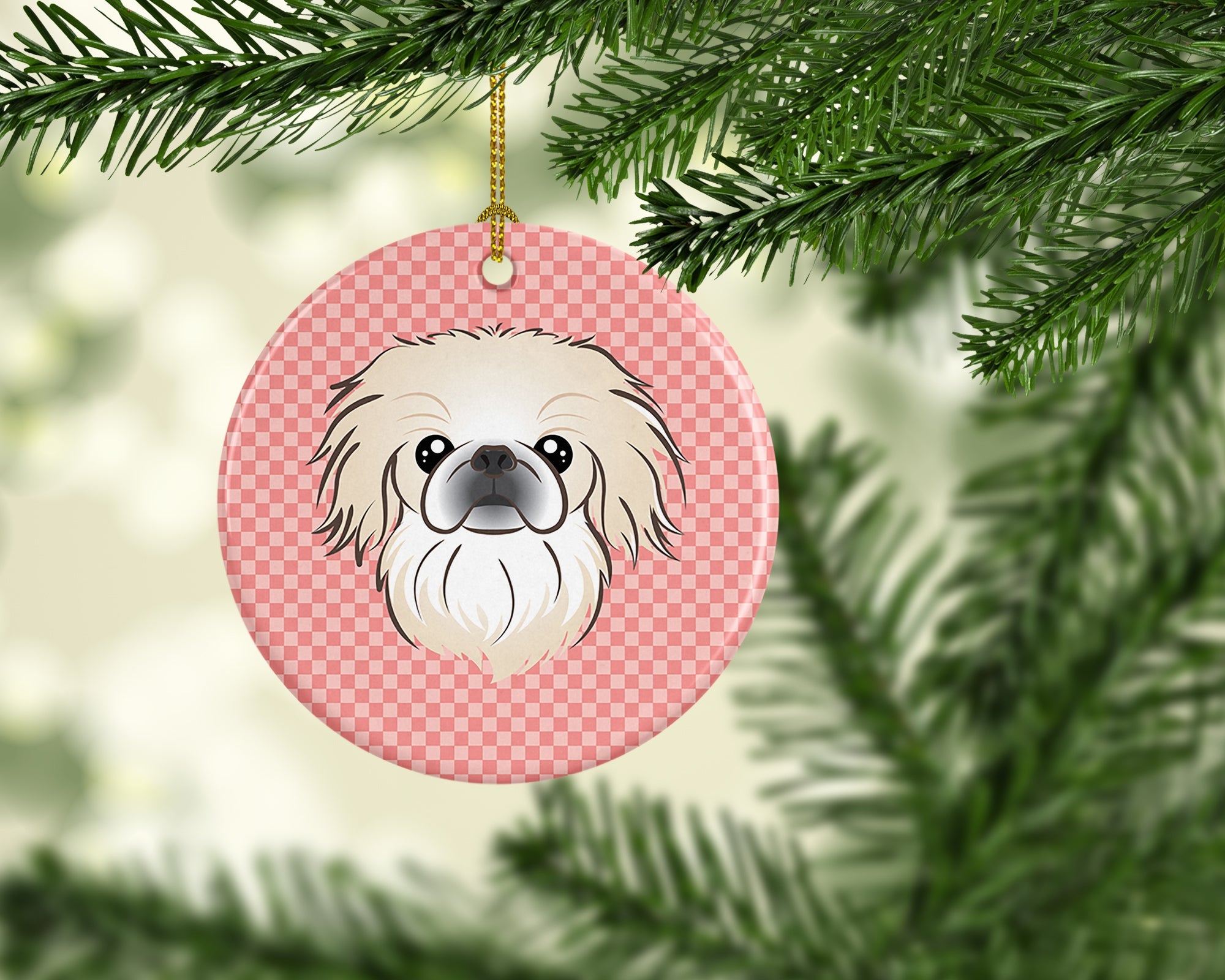 Checkerboard Pink Pekingese Ceramic Ornament Christmas Tree Hanging Decorations for Home Christmas Holiday, Party, Gift, 3 in, Multicolor