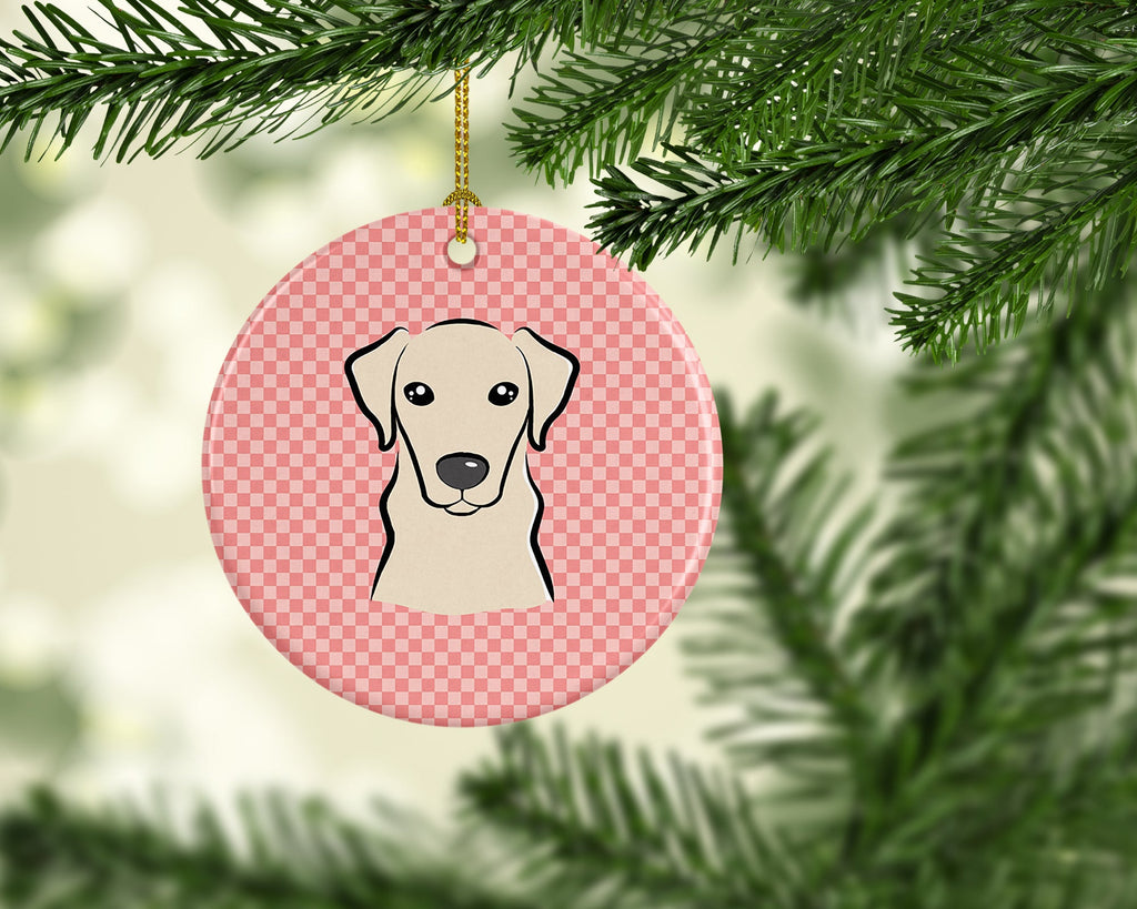 Checkerboard Pink Yellow Labrador Ceramic Ornament Christmas Tree Hanging Decorations for Home Christmas Holiday, Party, Gift, 3 in, Multicolor