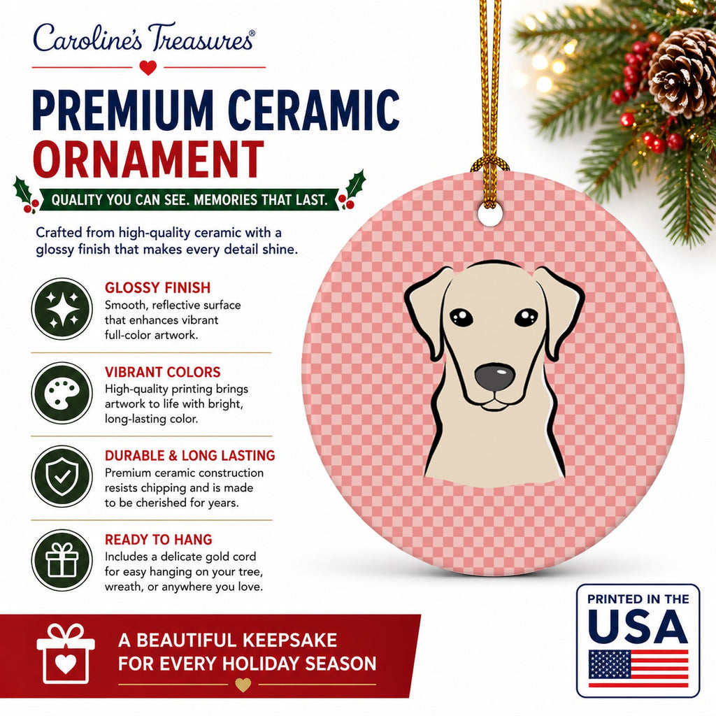 Checkerboard Pink Yellow Labrador Ceramic Ornament Christmas Tree Hanging Decorations for Home Christmas Holiday, Party, Gift, 3 in, Multicolor