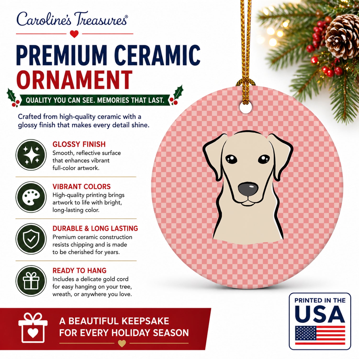 Checkerboard Pink Yellow Labrador Ceramic Ornament Christmas Tree Hanging Decorations for Home Christmas Holiday, Party, Gift, 3 in, Multicolor