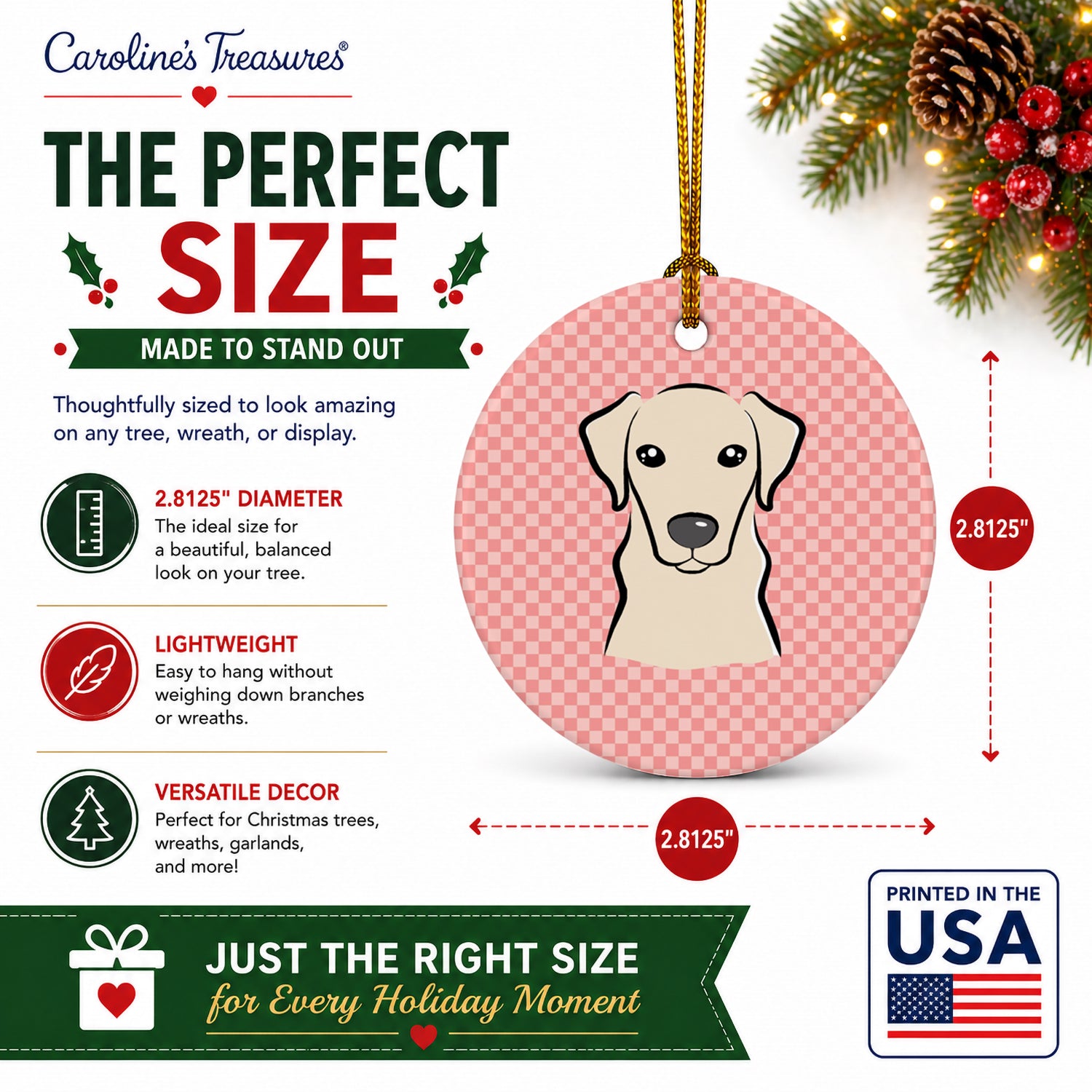 Checkerboard Pink Yellow Labrador Ceramic Ornament Christmas Tree Hanging Decorations for Home Christmas Holiday, Party, Gift, 3 in, Multicolor