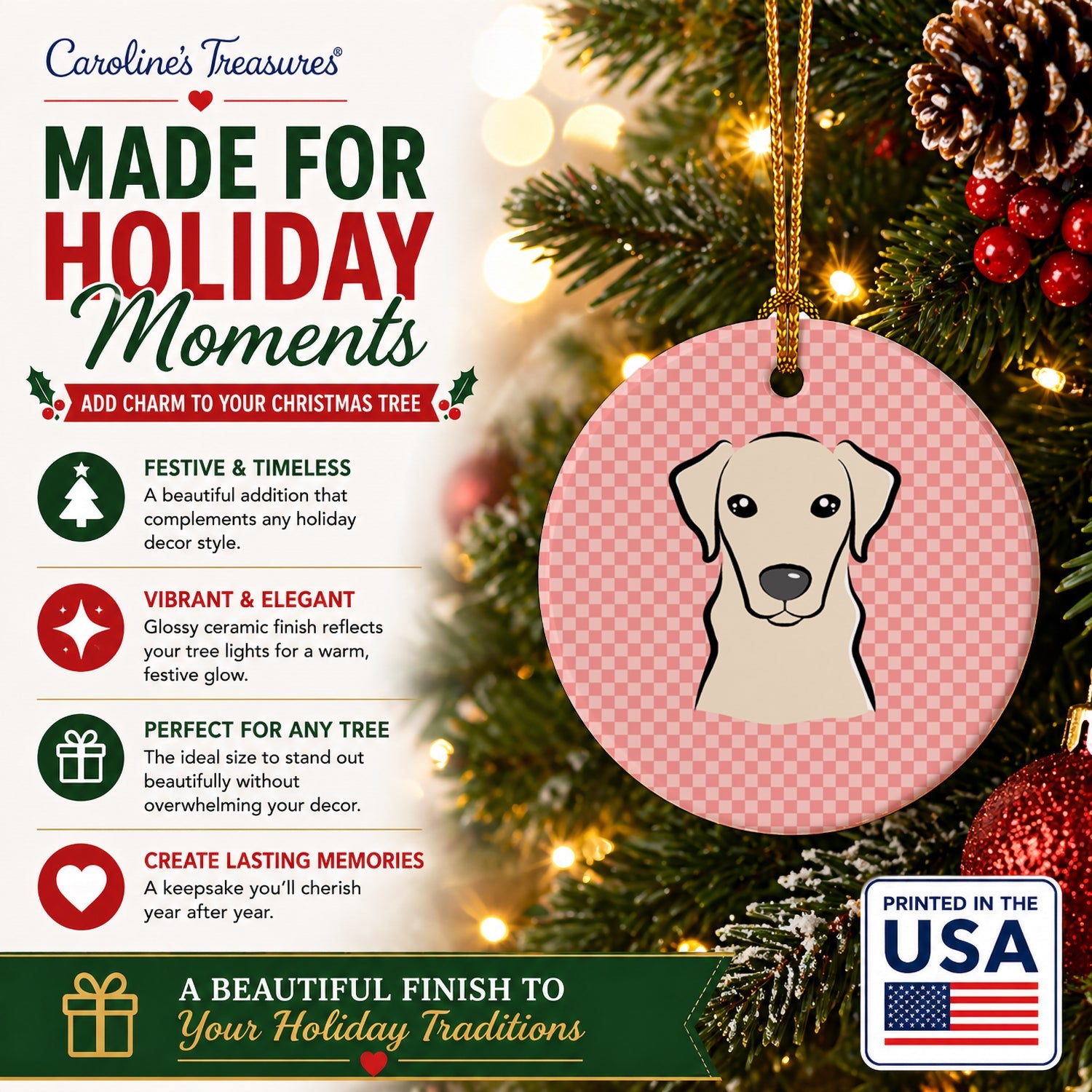 Checkerboard Pink Yellow Labrador Ceramic Ornament Christmas Tree Hanging Decorations for Home Christmas Holiday, Party, Gift, 3 in, Multicolor