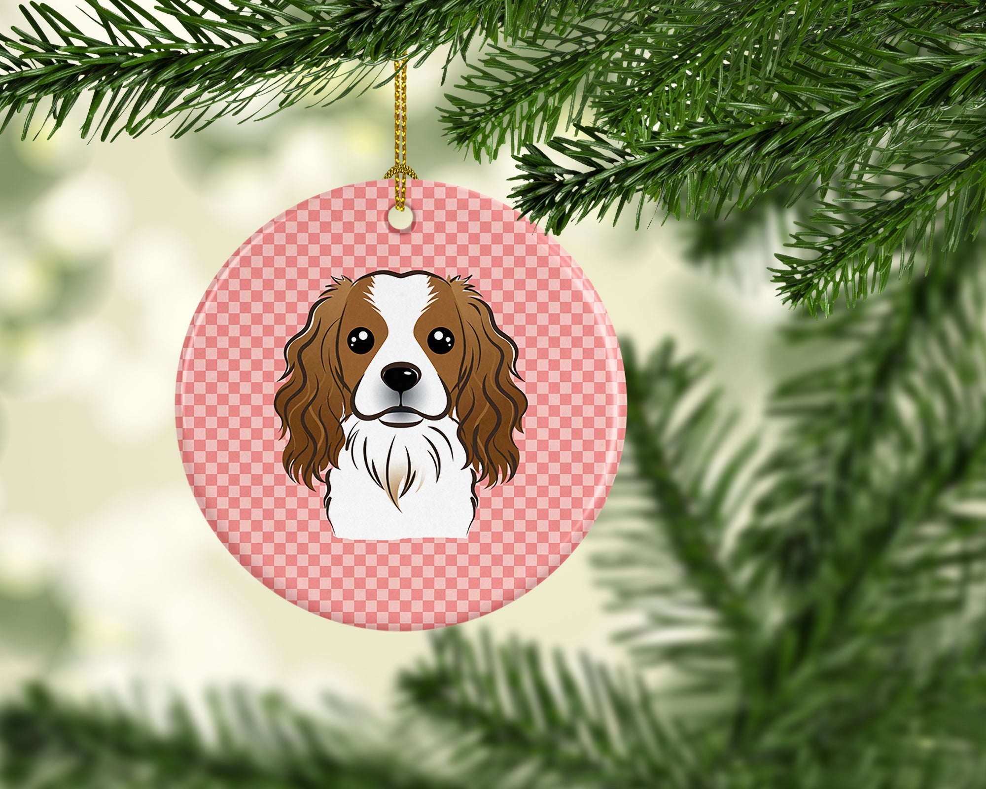 Checkerboard Pink Cavalier Spaniel Ceramic Ornament Christmas Tree Hanging Decorations for Home Christmas Holiday, Party, Gift, 3 in, Multicolor