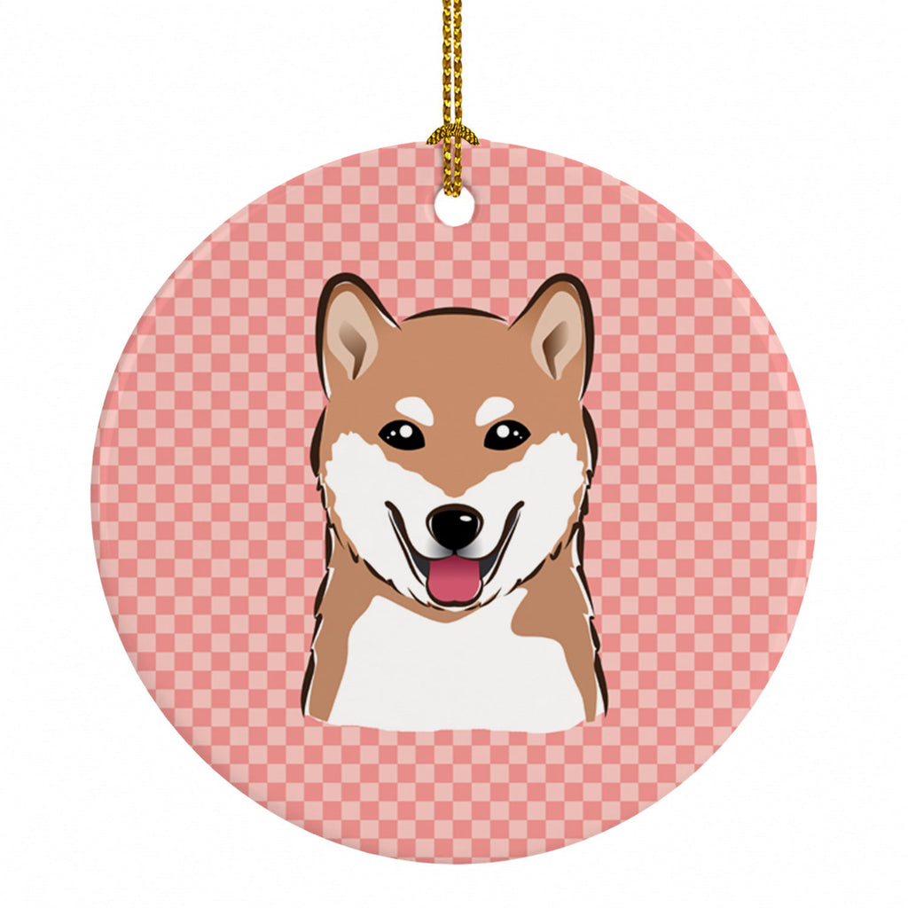Checkerboard Pink Shiba Inu Ceramic Ornament Christmas Tree Hanging Decorations for Home Christmas Holiday, Party, Gift, 3 in, Multicolor