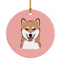 Checkerboard Pink Shiba Inu Ceramic Ornament Christmas Tree Hanging Decorations for Home Christmas Holiday, Party, Gift, 3 in, Multicolor