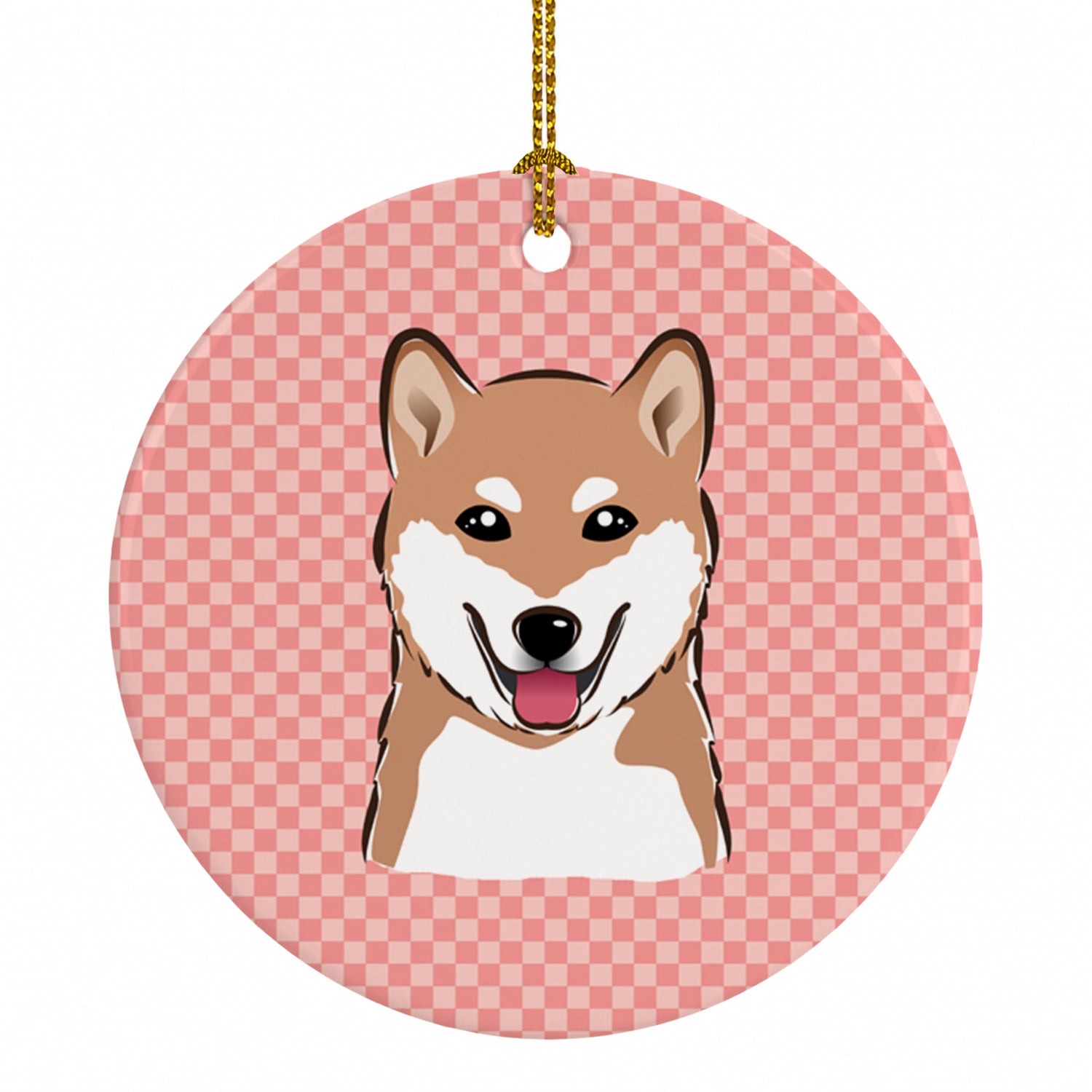 Checkerboard Pink Shiba Inu Ceramic Ornament Christmas Tree Hanging Decorations for Home Christmas Holiday, Party, Gift, 3 in, Multicolor