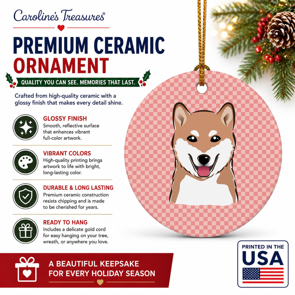 Checkerboard Pink Shiba Inu Ceramic Ornament Christmas Tree Hanging Decorations for Home Christmas Holiday, Party, Gift, 3 in, Multicolor