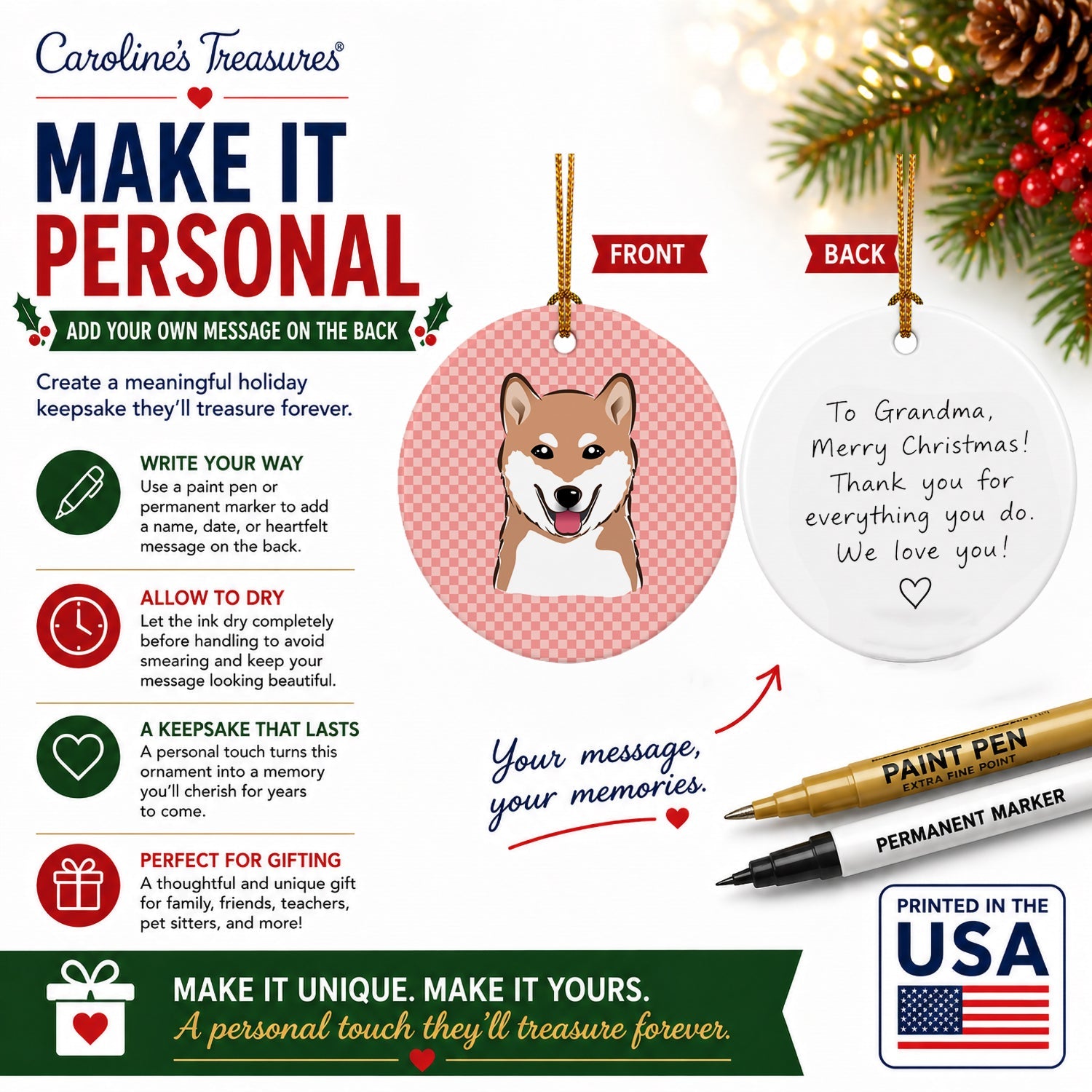 Checkerboard Pink Shiba Inu Ceramic Ornament Christmas Tree Hanging Decorations for Home Christmas Holiday, Party, Gift, 3 in, Multicolor