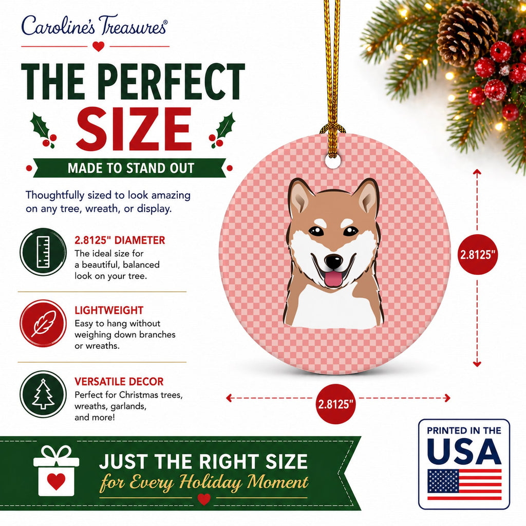 Checkerboard Pink Shiba Inu Ceramic Ornament Christmas Tree Hanging Decorations for Home Christmas Holiday, Party, Gift, 3 in, Multicolor