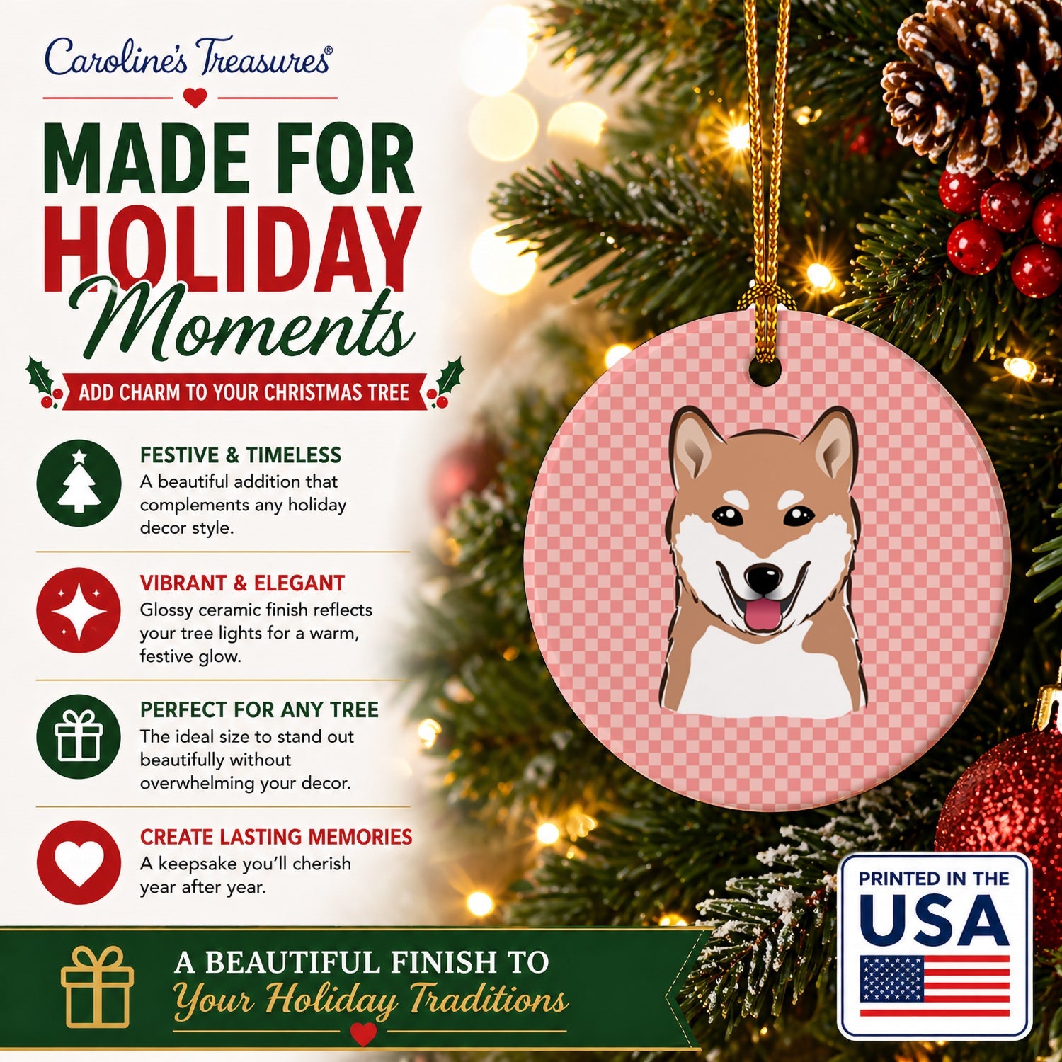 Checkerboard Pink Shiba Inu Ceramic Ornament Christmas Tree Hanging Decorations for Home Christmas Holiday, Party, Gift, 3 in, Multicolor
