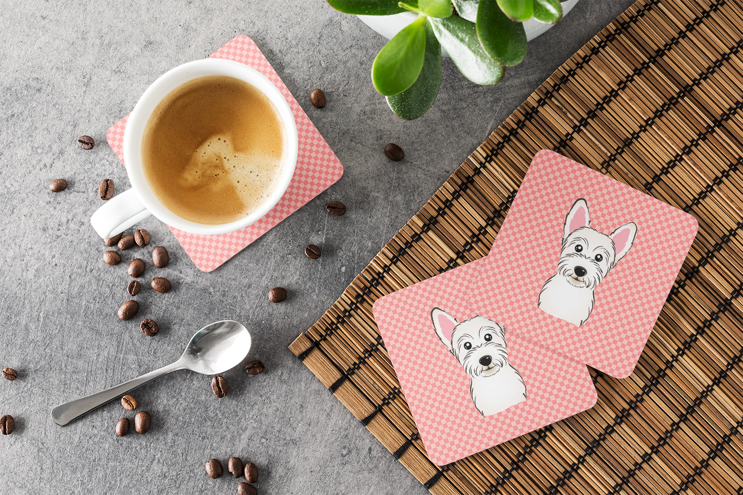 Checkerboard Pink Westie Foam Coasters Set of 4 Cup Coasters for Indoor Outdoor, Tabletop Protection, Anti Slip, Mouse pad Material