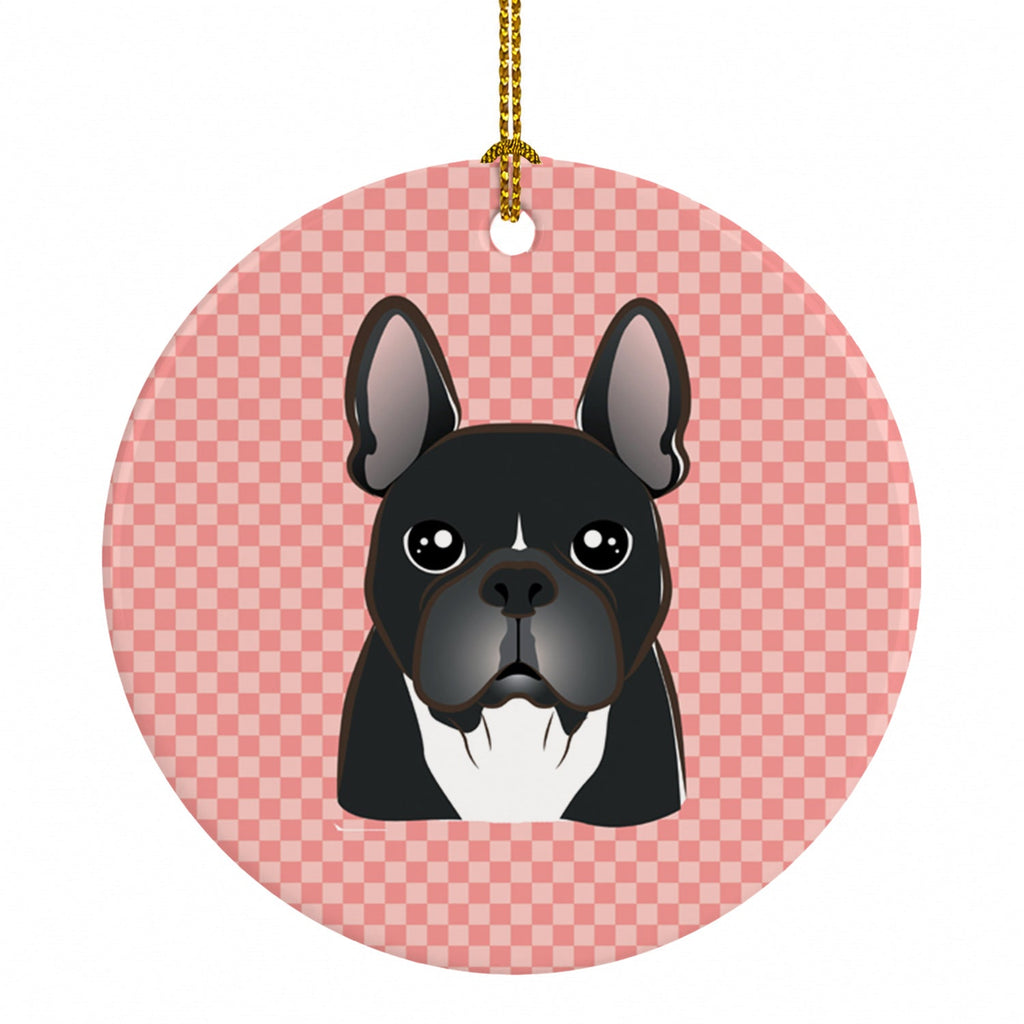Checkerboard Pink French Bulldog Ceramic Ornament Christmas Tree Hanging Decorations for Home Christmas Holiday, Party, Gift, 3 in, Multicolor