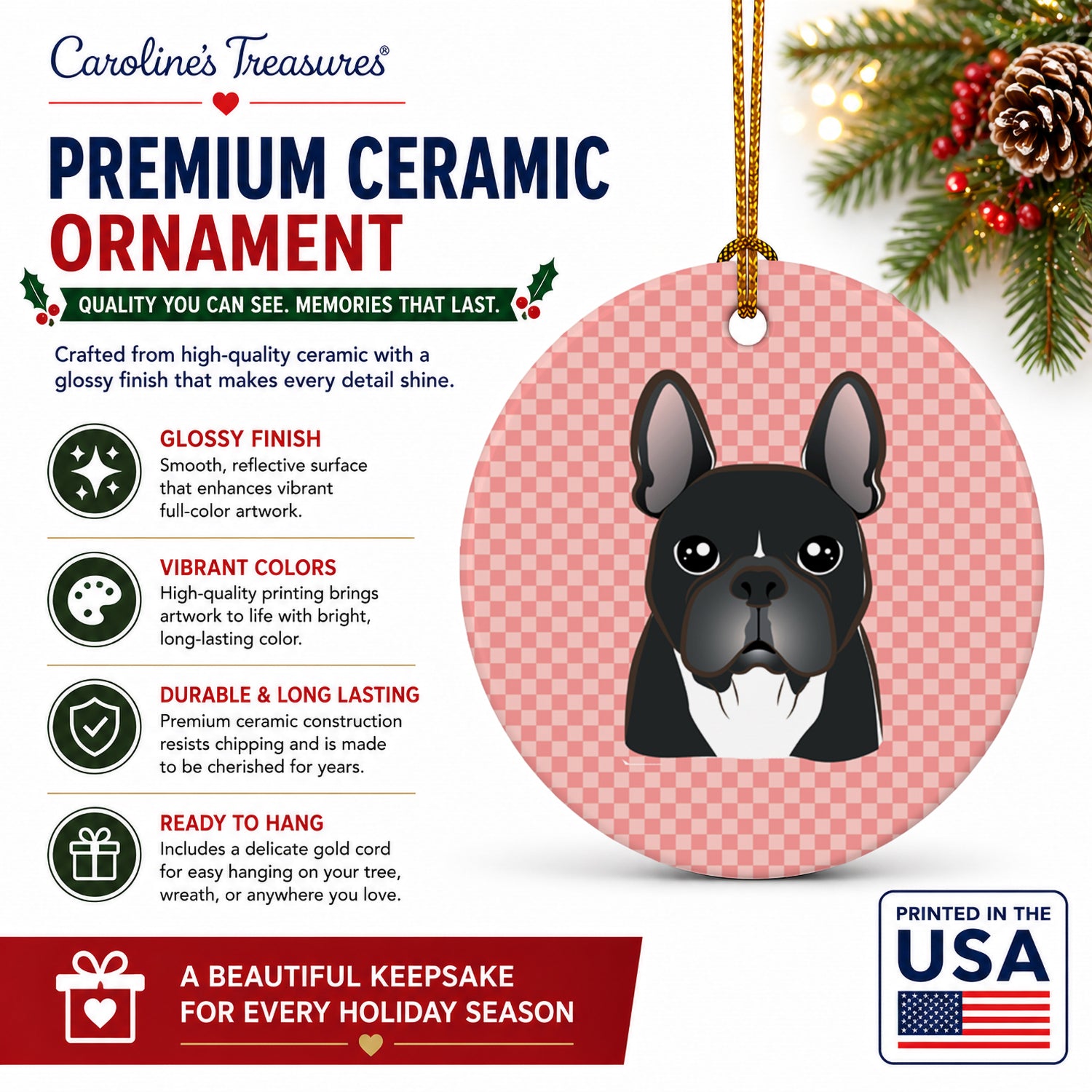Checkerboard Pink French Bulldog Ceramic Ornament Christmas Tree Hanging Decorations for Home Christmas Holiday, Party, Gift, 3 in, Multicolor
