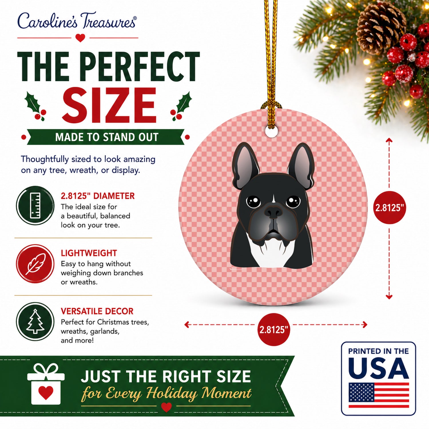 Checkerboard Pink French Bulldog Ceramic Ornament Christmas Tree Hanging Decorations for Home Christmas Holiday, Party, Gift, 3 in, Multicolor