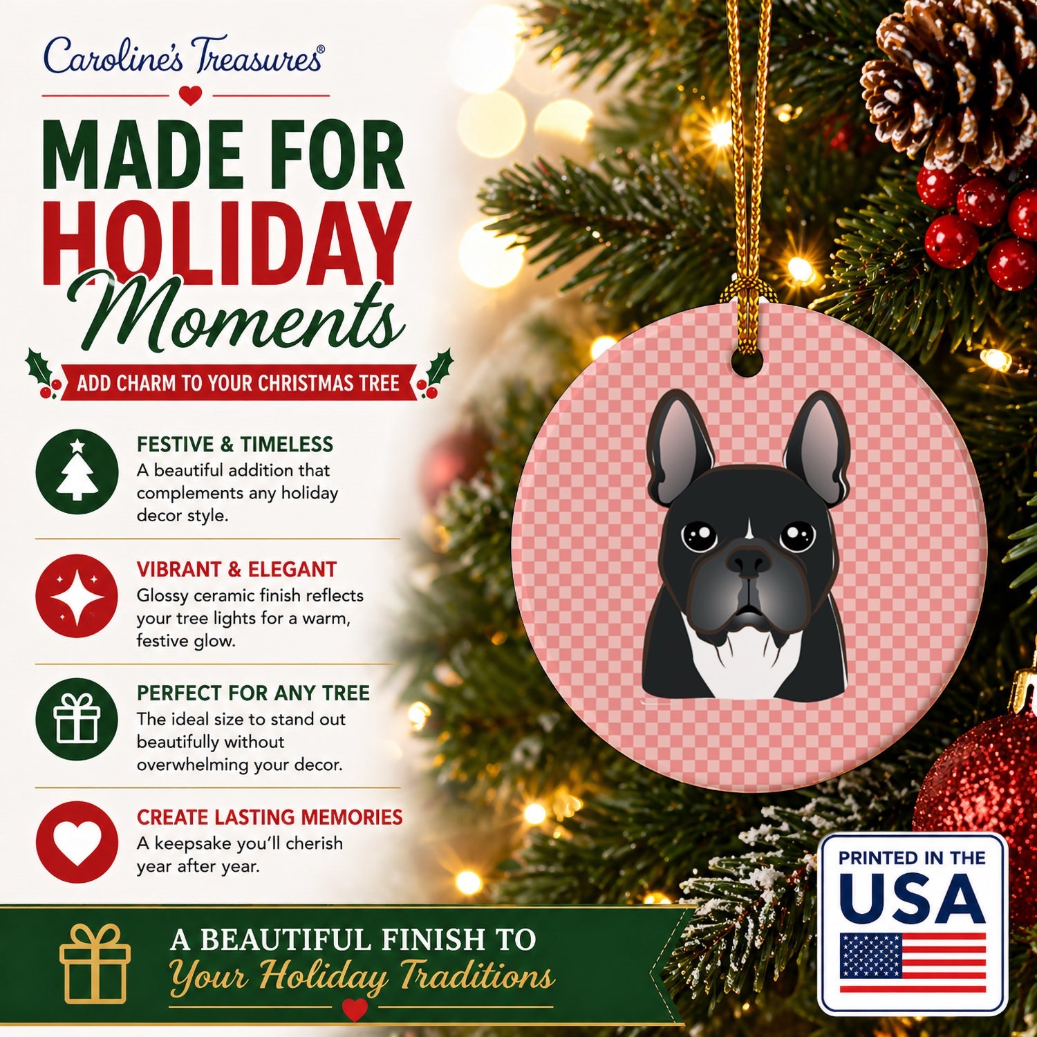 Checkerboard Pink French Bulldog Ceramic Ornament Christmas Tree Hanging Decorations for Home Christmas Holiday, Party, Gift, 3 in, Multicolor