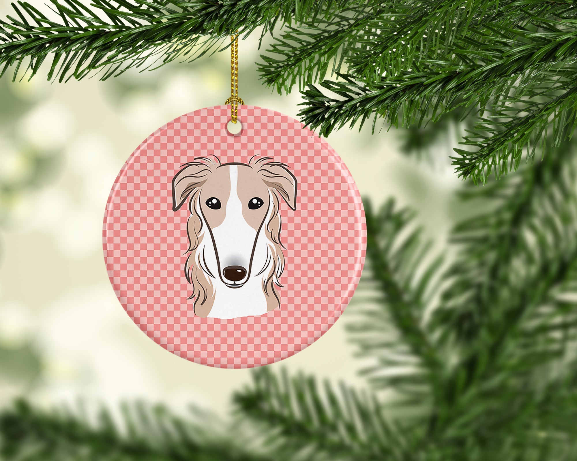 Checkerboard Pink Borzoi Ceramic Ornament Christmas Tree Hanging Decorations for Home Christmas Holiday, Party, Gift, 3 in, Multicolor