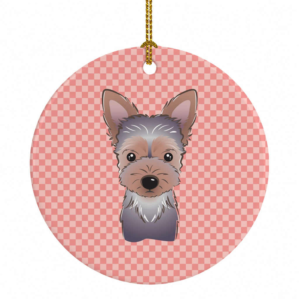 Checkerboard Pink Yorkie Puppy Ceramic Ornament Christmas Tree Hanging Decorations for Home Christmas Holiday, Party, Gift, 3 in, Multicolor