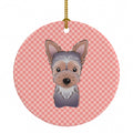 Checkerboard Pink Yorkie Puppy Ceramic Ornament Christmas Tree Hanging Decorations for Home Christmas Holiday, Party, Gift, 3 in, Multicolor