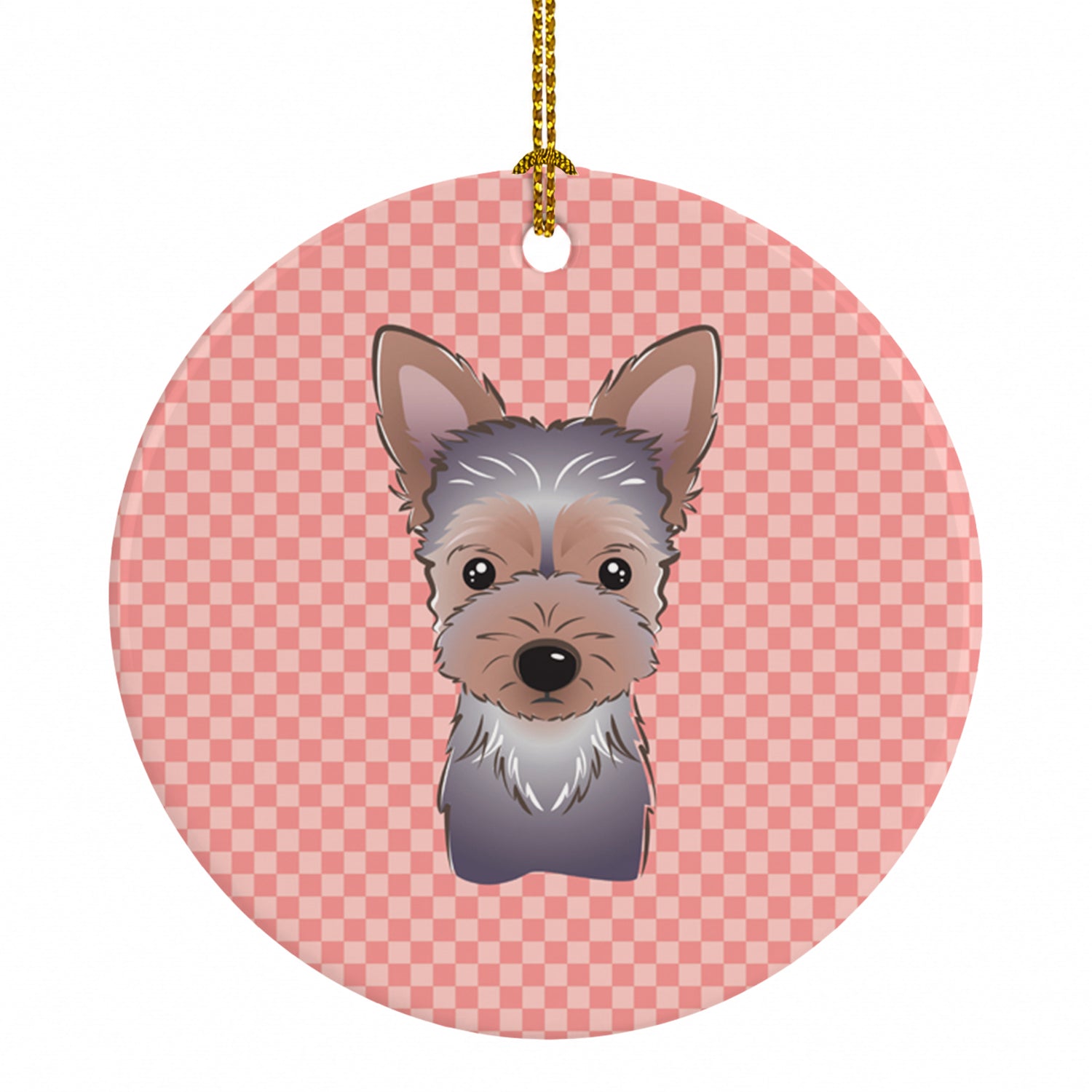Checkerboard Pink Yorkie Puppy Ceramic Ornament Christmas Tree Hanging Decorations for Home Christmas Holiday, Party, Gift, 3 in, Multicolor